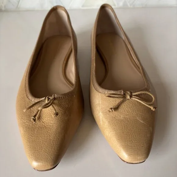Veronica Beard Size 7 M Catherine Leather Ballet Flat Tan With Bow - Picture 2 of 8